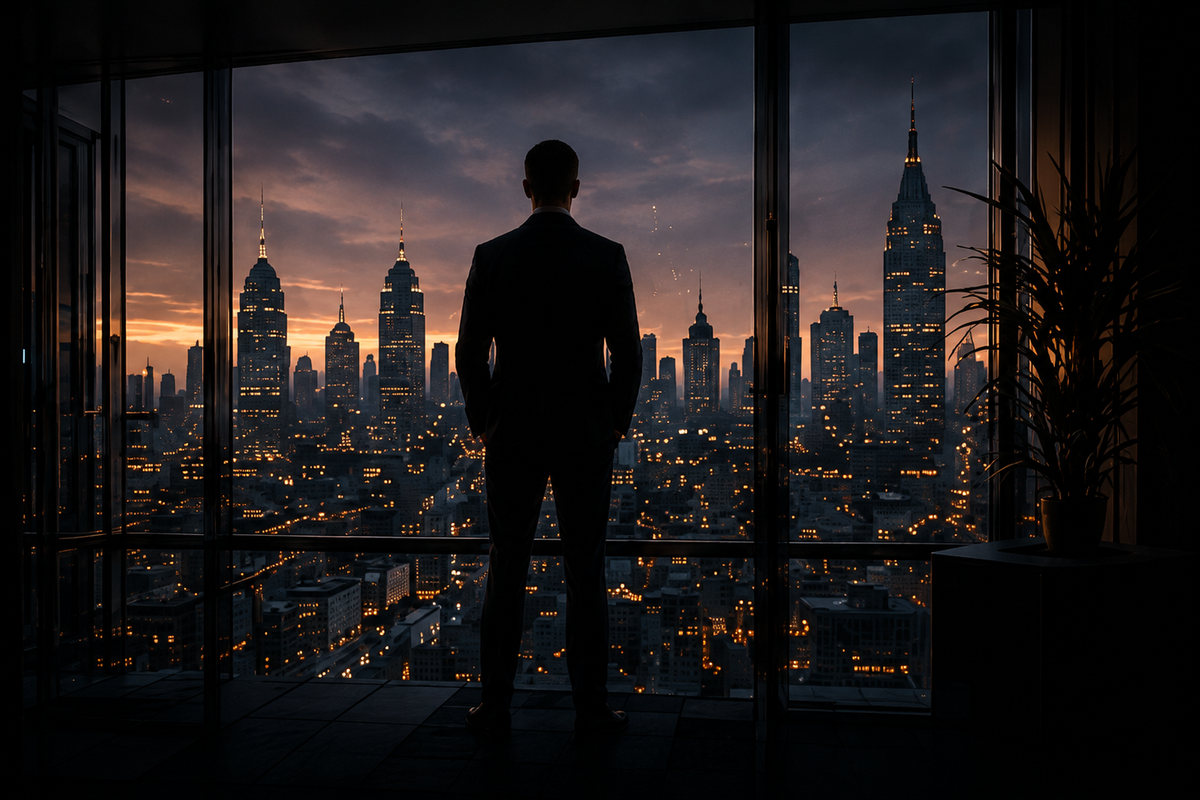 City skyline at dusk viewed from a modern office